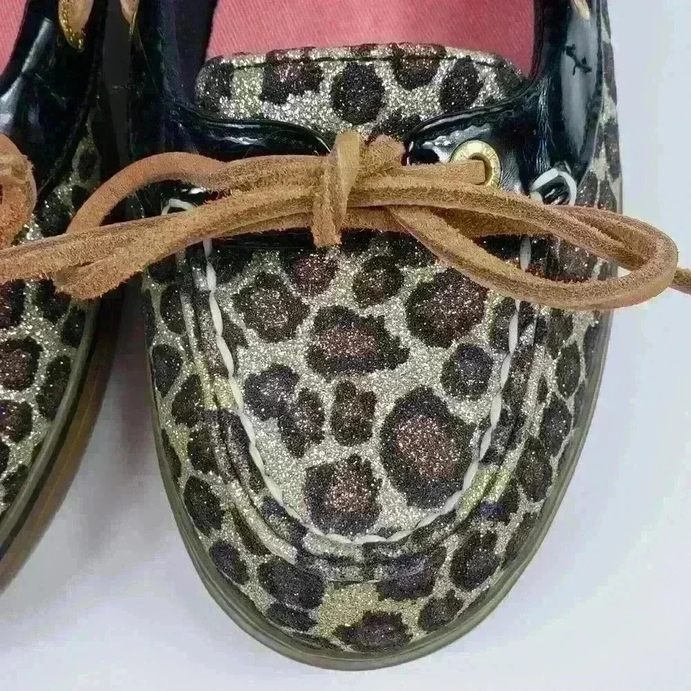 Sperry Top Sider Boat Shoes Sparkly Leopard Brown Black Raw Hide Lace Size 7.5M - Picture 5 of 16